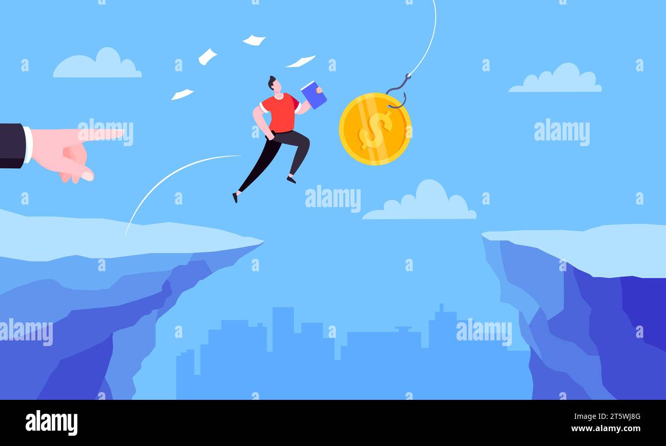 Fishing money chase business concept with businessman running after dangling dollar jumps over the cliff. Working hard and always busy in the loop rou Stock Vector