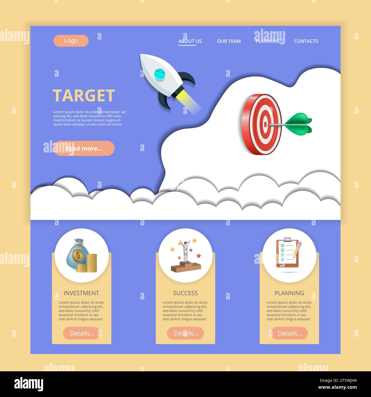 Target flat landing page website template. Investment, success, planning. Web banner with header, content and footer. Vector illustration. Stock Vector