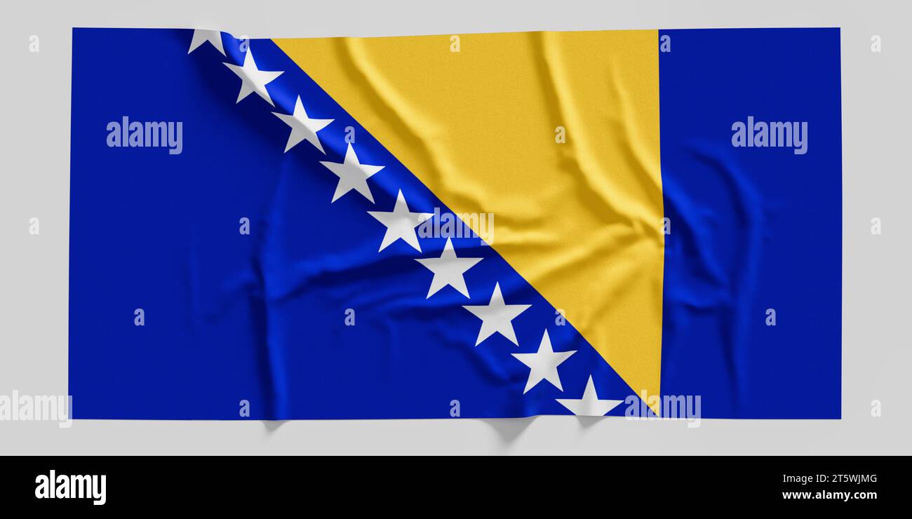 Flag of Bosnia and Herzegovina. Fabric textured Bosnia and Herzegovina flag isolated on white background. 3D illustration Stock Photo
