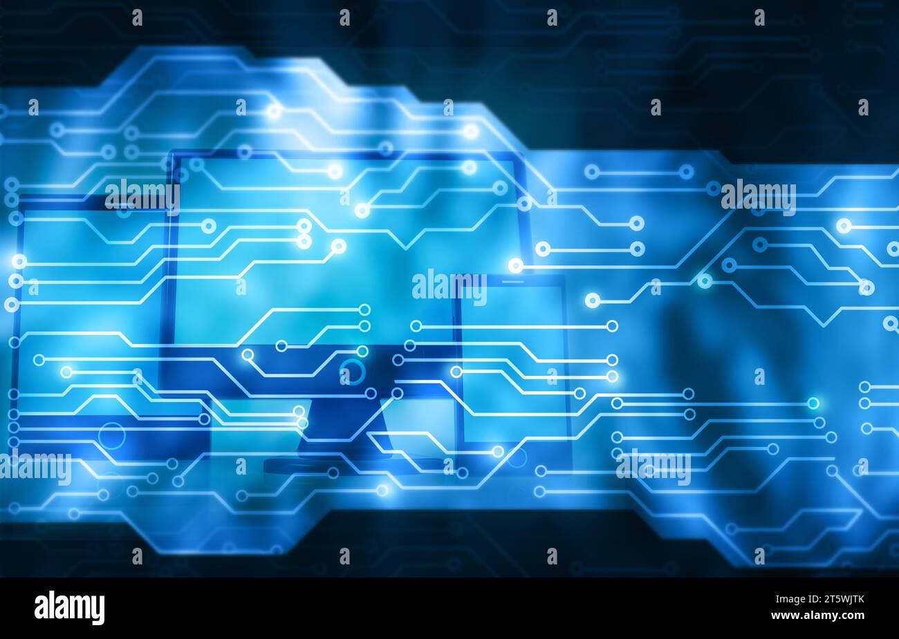 Computer Ccc Background Modern computers under circuit background. 3d illustration Stock Photo ...