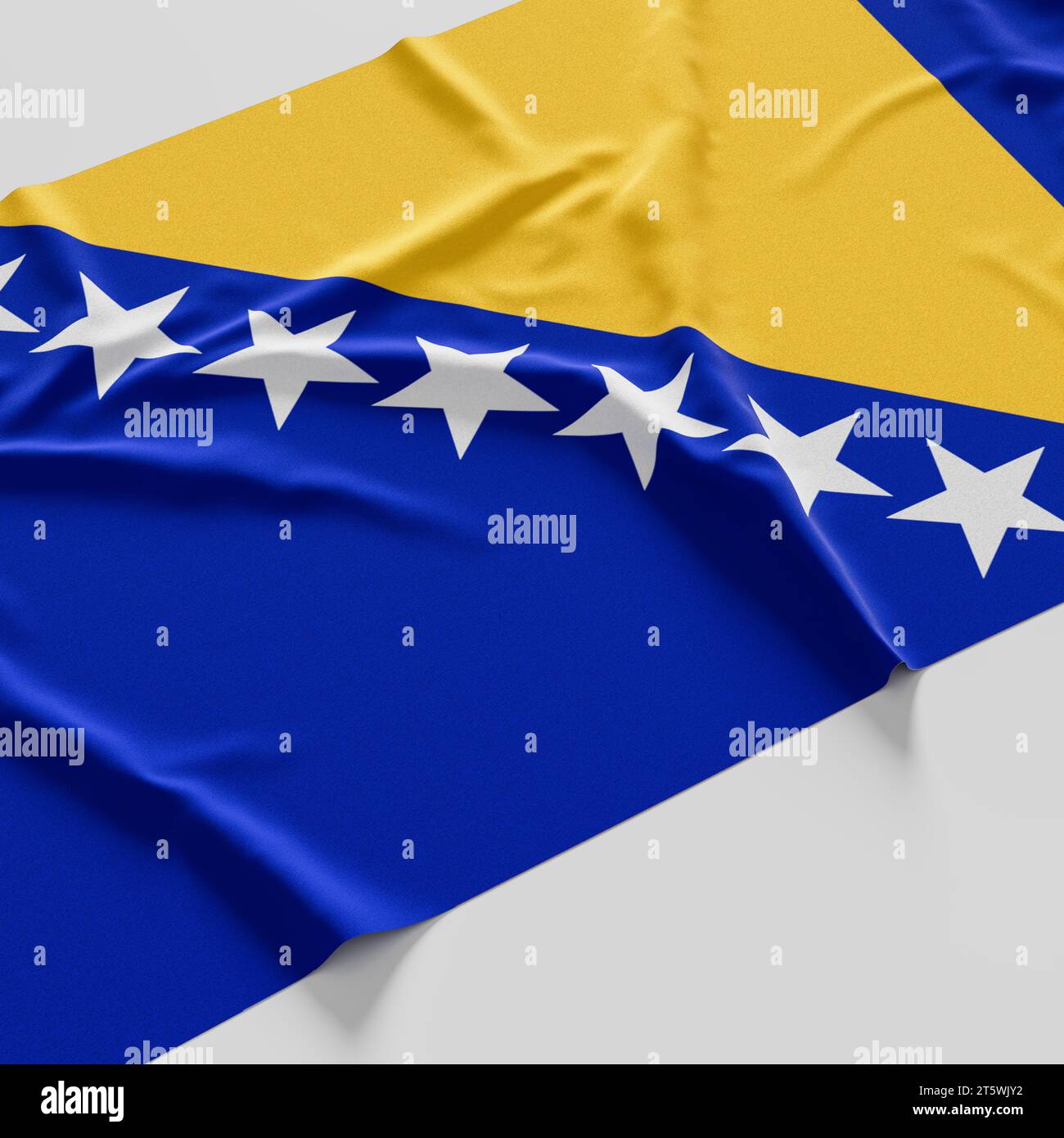 Flag of Bosnia and Herzegovina. Fabric textured Bosnia and Herzegovina flag isolated on white background. 3D illustration Stock Photo