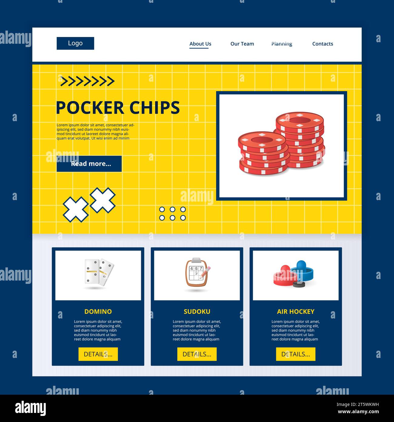 Poker chips flat landing page website template. Domino, sudoku, air