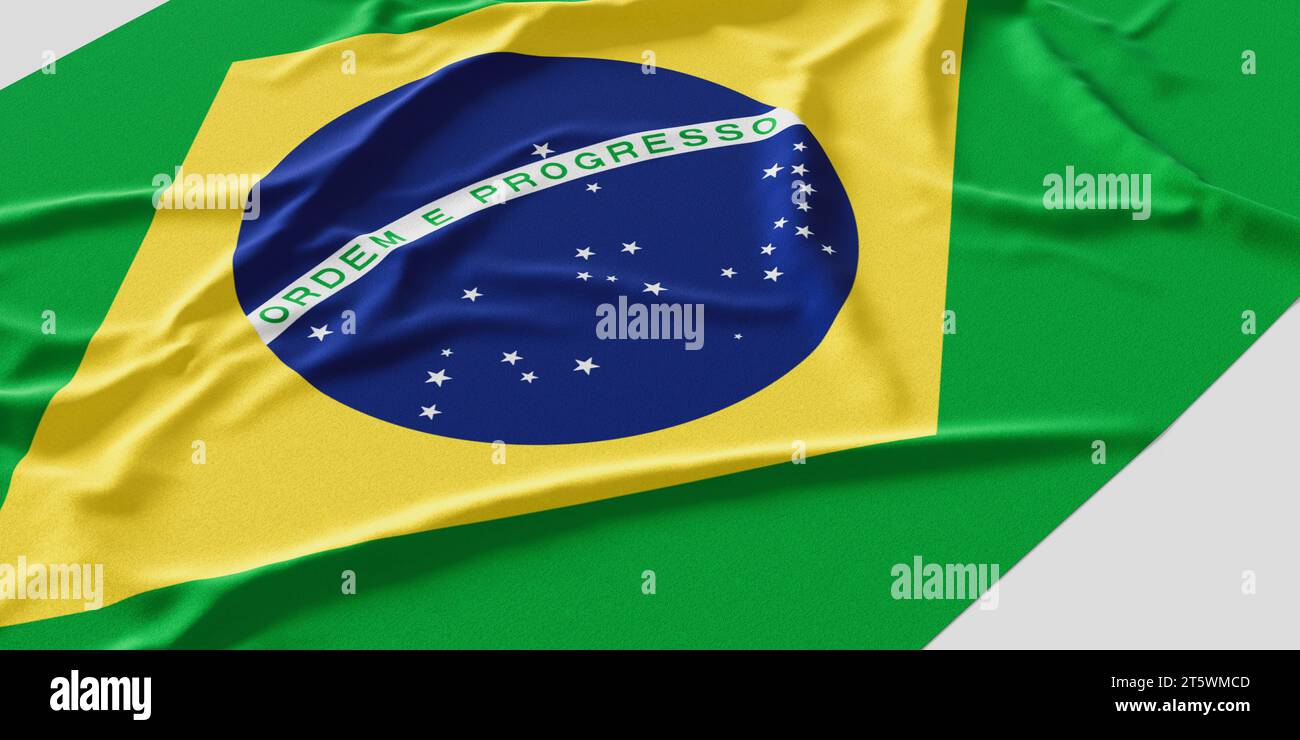 Flag of Brazil. Fabric textured Brazil flag isolated on white background. 3D illustration Stock Photo