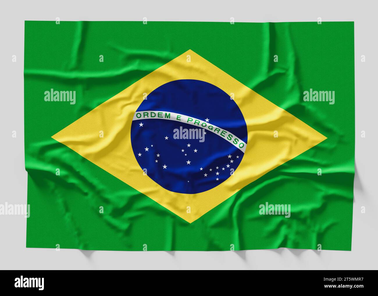 Flag of Brazil. Fabric textured Brazil flag isolated on white background. 3D illustration Stock Photo