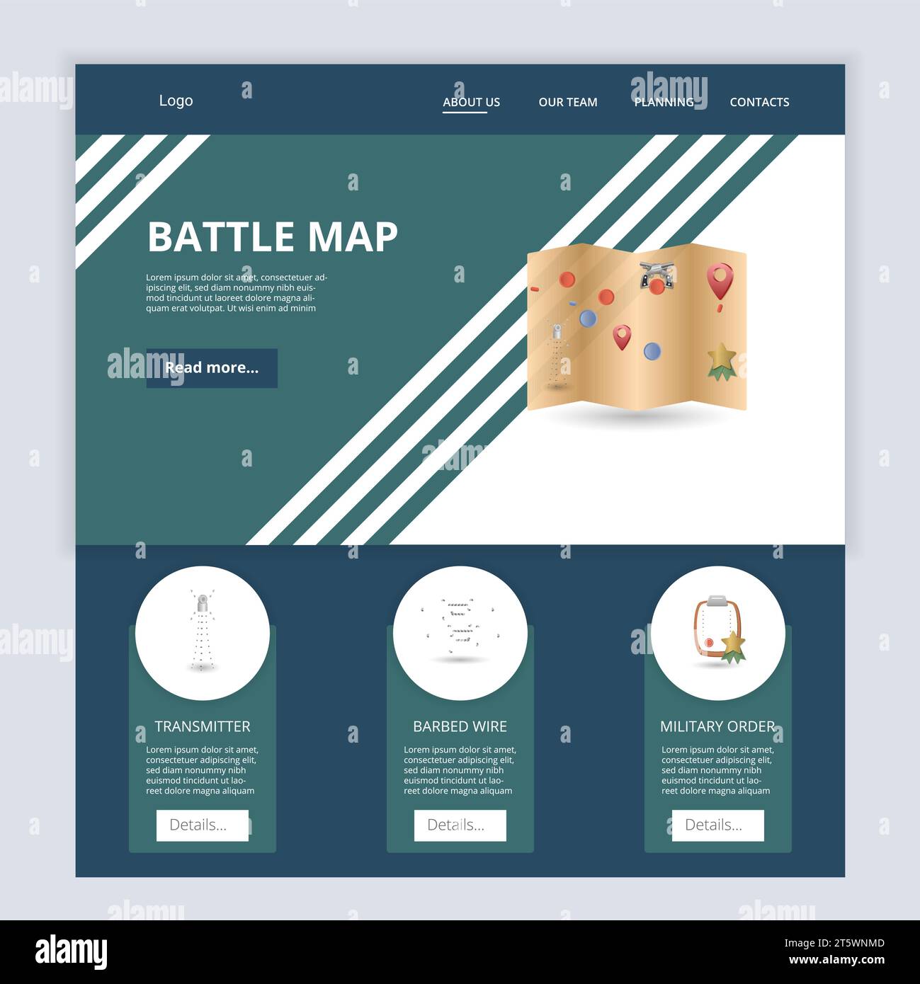 Battle map flat landing page website template. Transmitter, barbed wire, military order. Web banner with header, content and footer. Vector Stock Vector