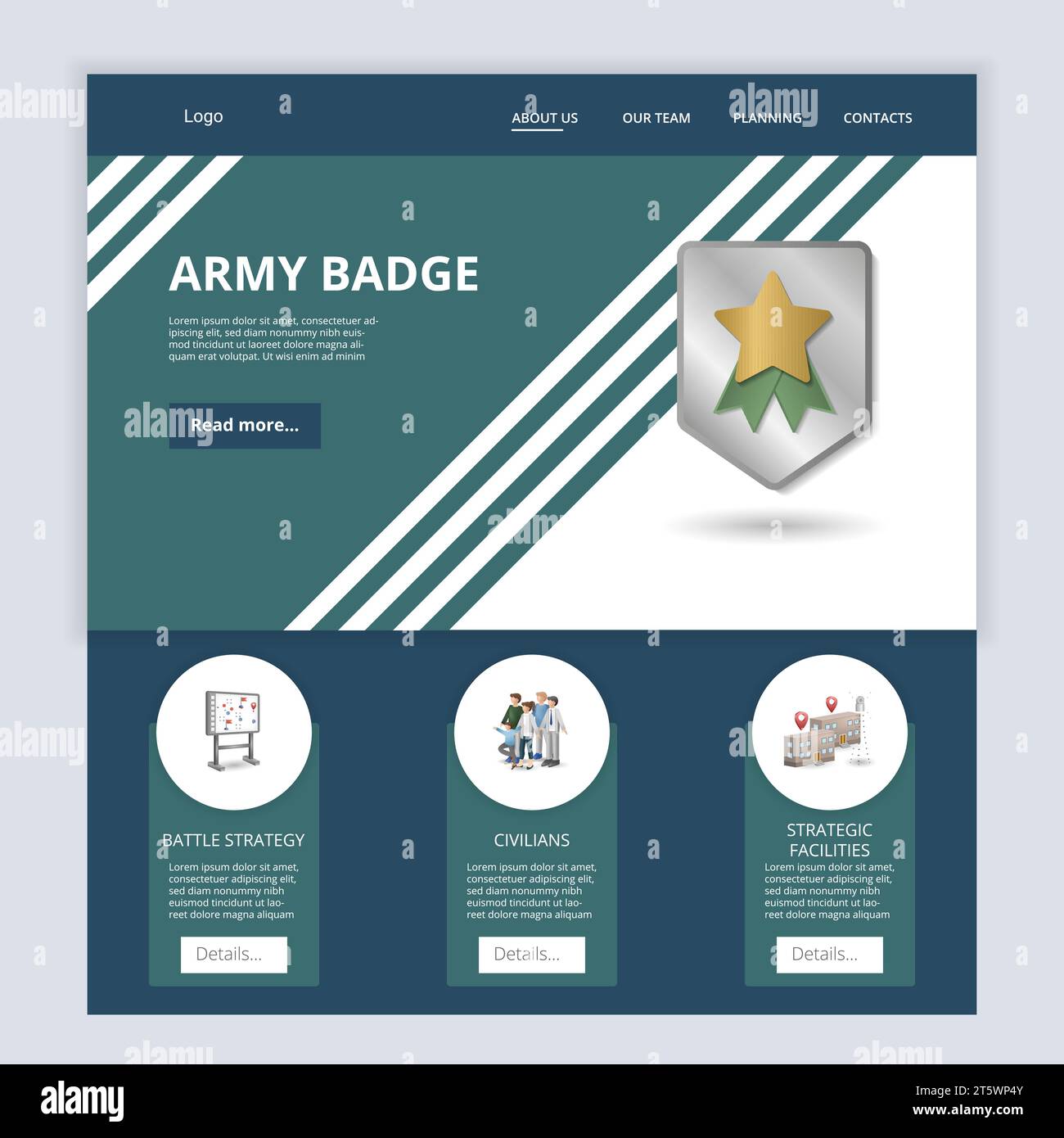 Army badge flat landing page website template. Battle strategy, civilians, strategic facilities. Web banner with header, content and footer. Vector Stock Vector