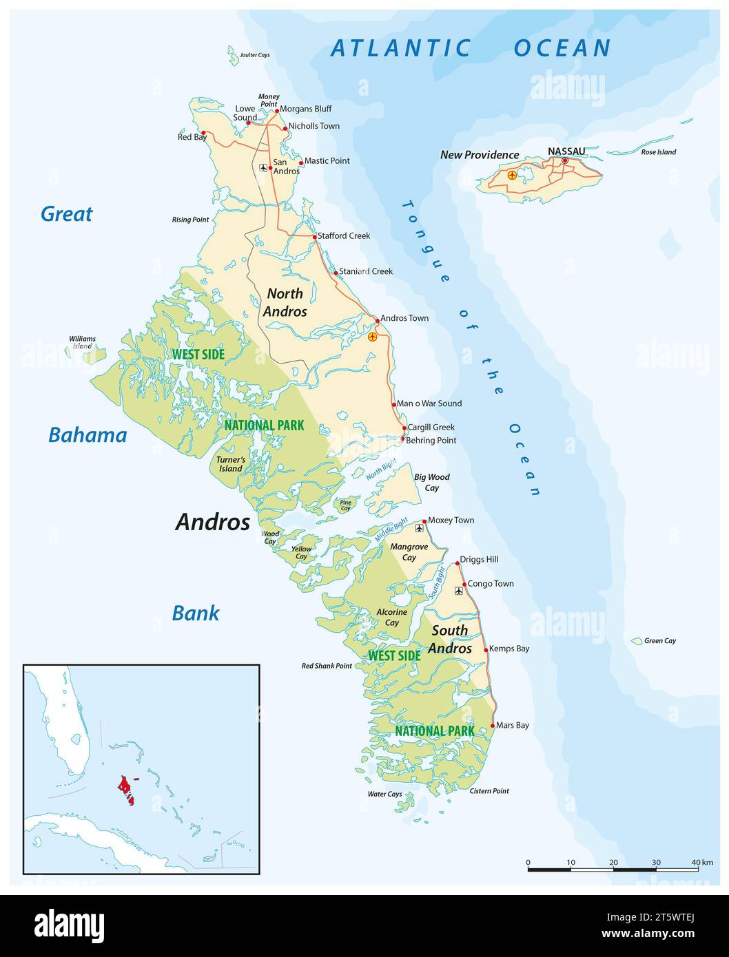 Vector map of Andros Island and New Providence, Bahamas Stock Photo Alamy