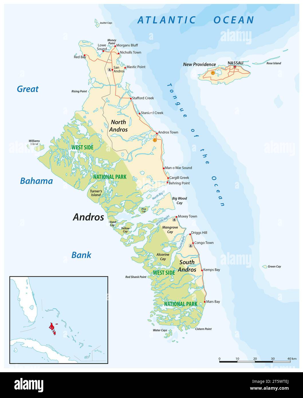 Vector map of Andros Island and New Providence, Bahamas Stock Photo