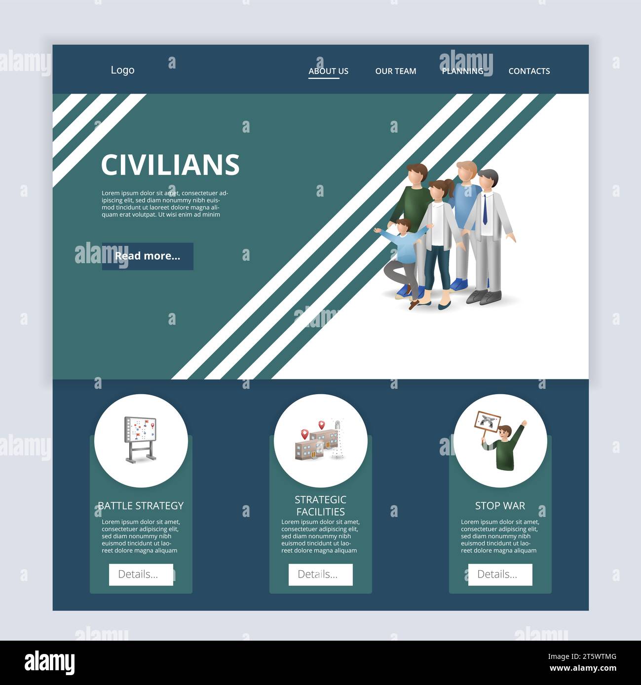 Civilians flat landing page website template. Battle strategy, strategic facilities, stop war. Web banner with header, content and footer. Vector Stock Vector