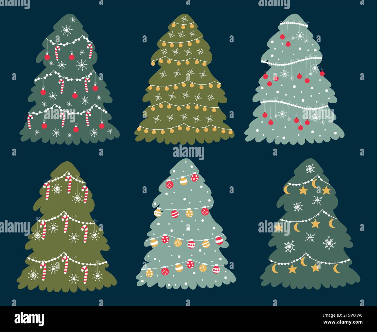 Set of hand drawn Christmas trees decorated with Christmas toys, lights