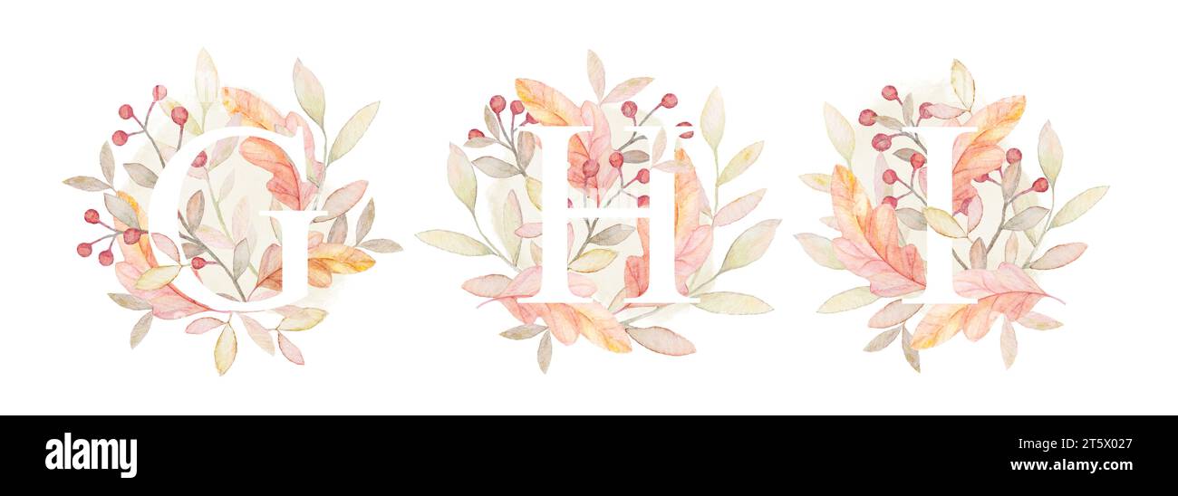 Fall Big Letters G H I. Watercolor Letters with plants elements. Plants ...