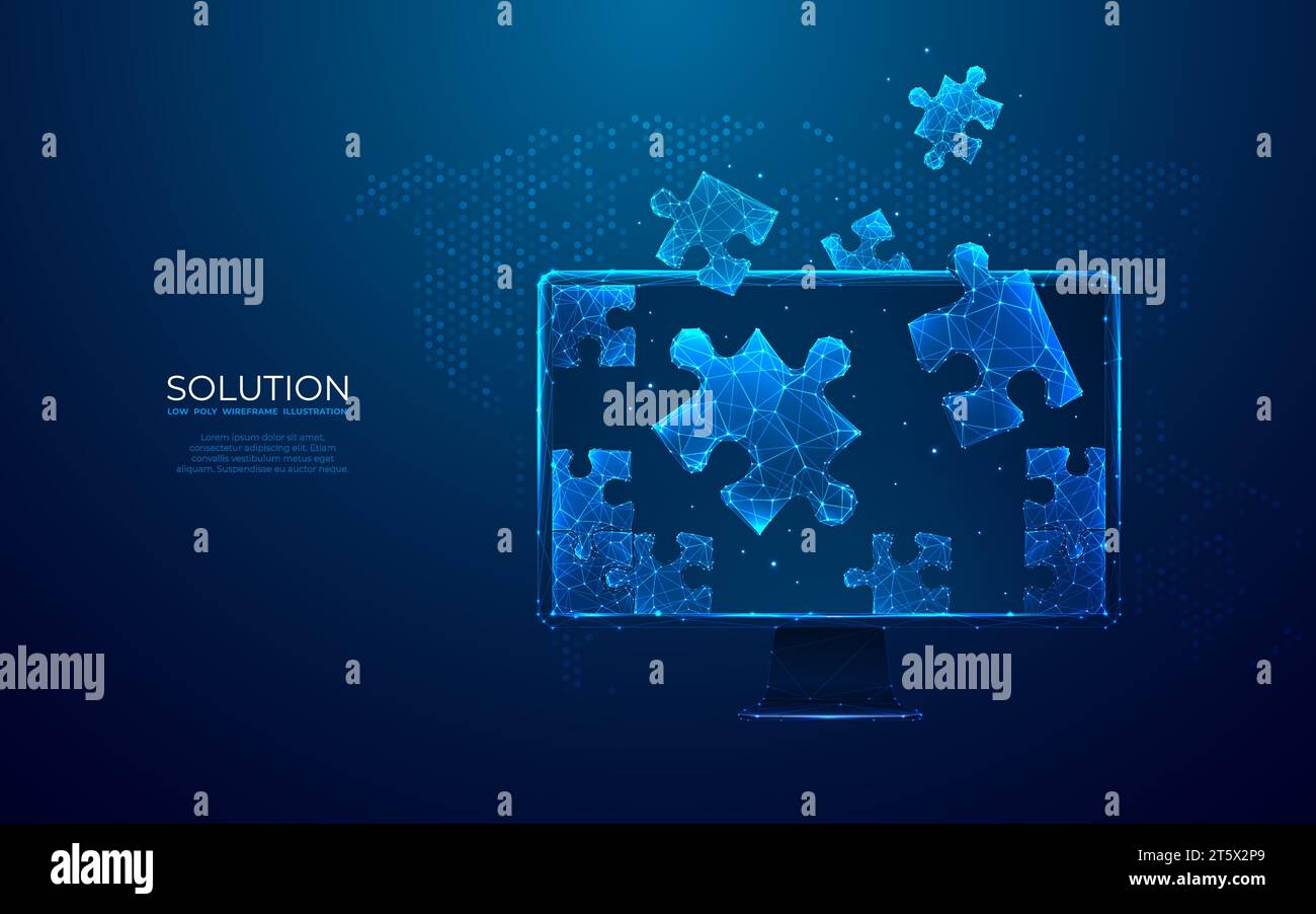 Desktop and jigsaw puzzle on screen. Business solution concept. Stock Vector