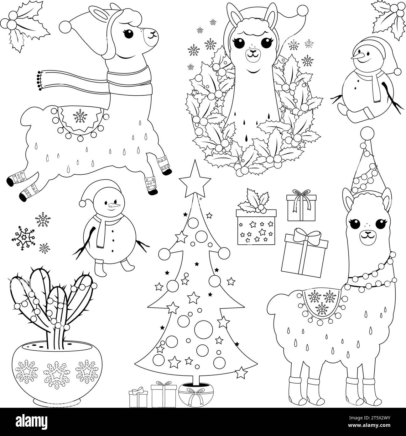 Cute llamas in Christmas costumes, Christmas tree, presents and other