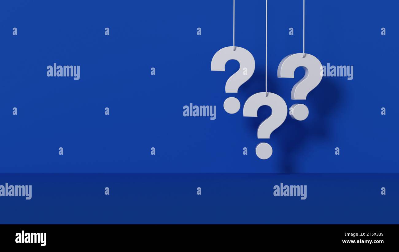 Panoramic blue background with question mark hanging. Loop 4K Video animation. Stock Photo