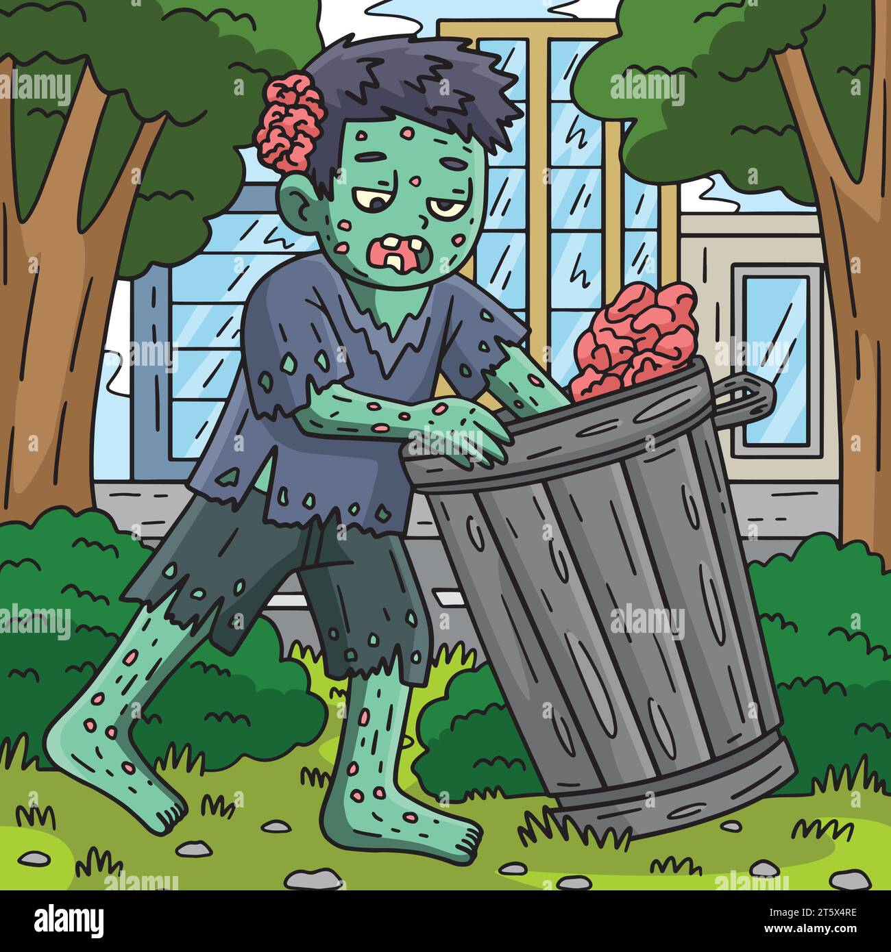 Zombie Rummaging a Trash Can Colored Cartoon  Stock Vector