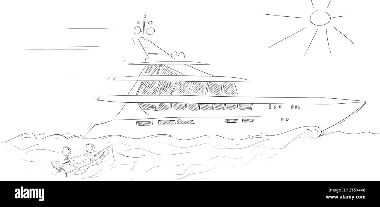 Luxury Yacht and Small Fishing Boat, Vector Cartoon Stick Figure