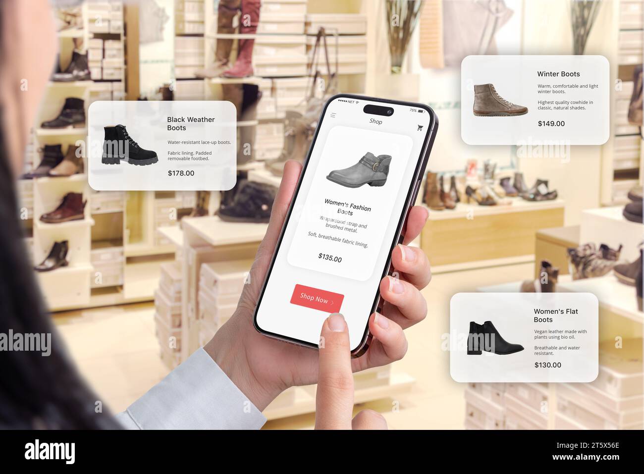 Trendy footwear in a shoe shop. Online app on a smartphone with a buy now button. Floating balloons suggesting shoe recommendations Stock Photo