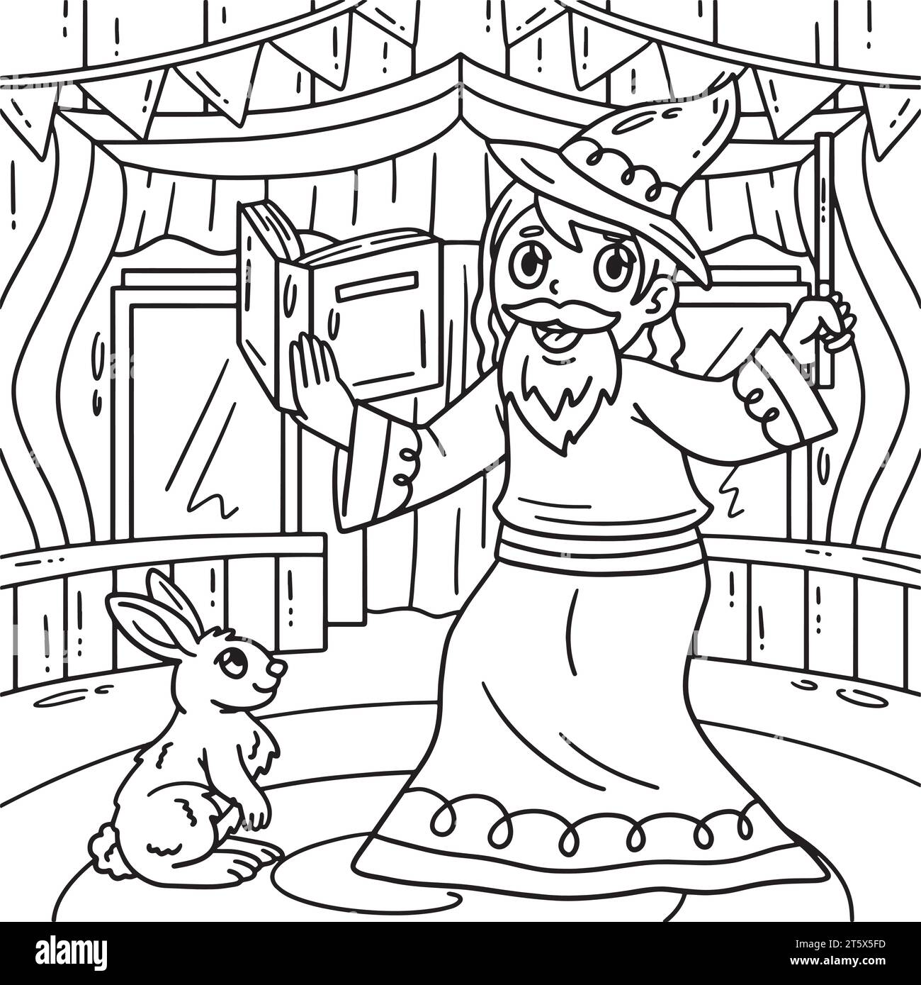 Circus Wizard with Rabbit Coloring Page for Kids Stock Vector