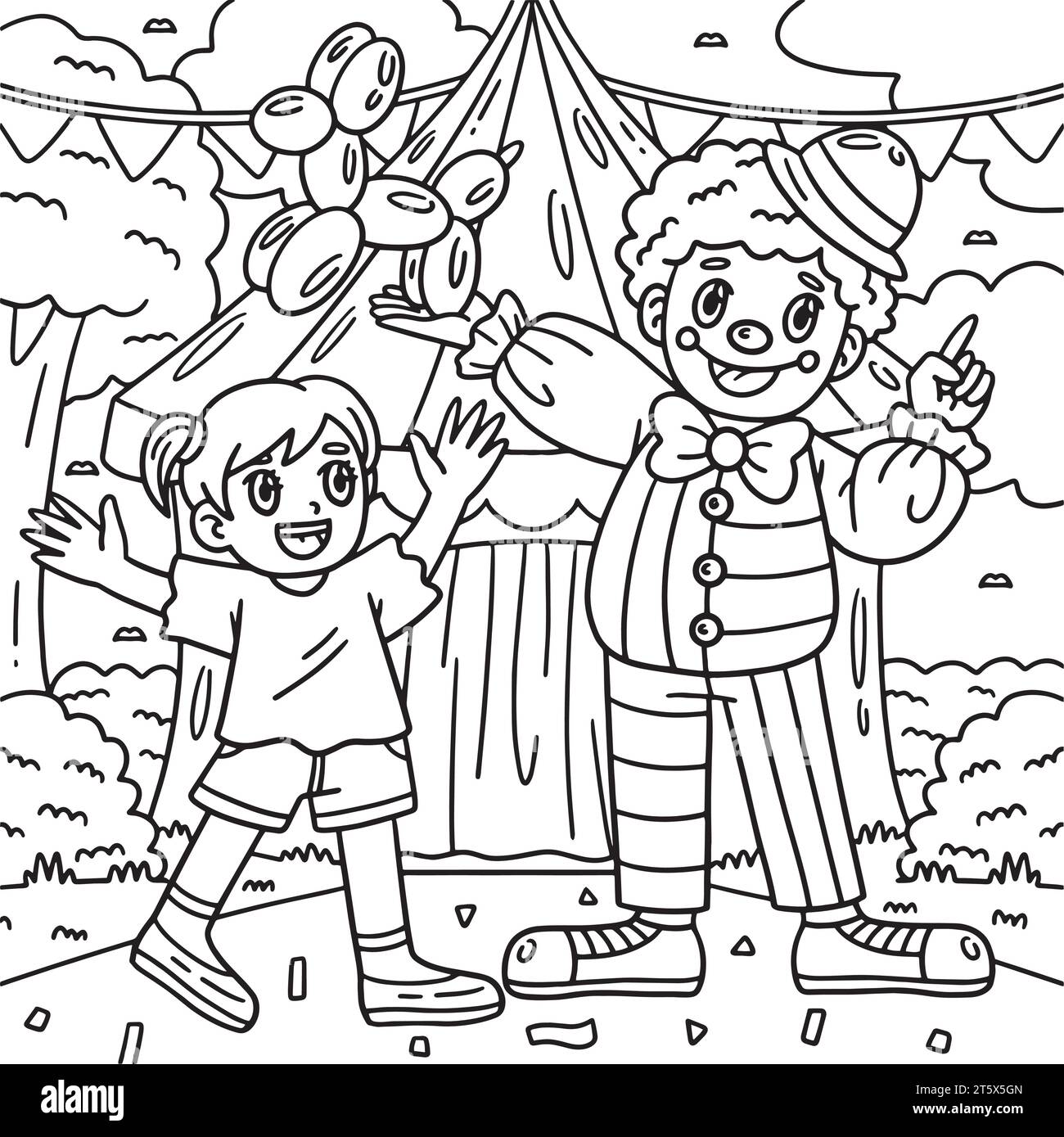 Circus Child and Clown Coloring Page for Kids Stock Vector