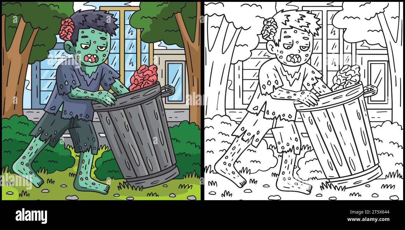 Zombie Rummaging a Trash Can Coloring Illustration Stock Vector