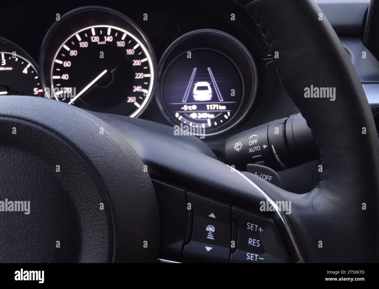 Renault Duster salon. Interior design, dashboard, speedometer, tachometer  and steering wheel inside the car. The car is produced by the French  company Stock Photo - Alamy