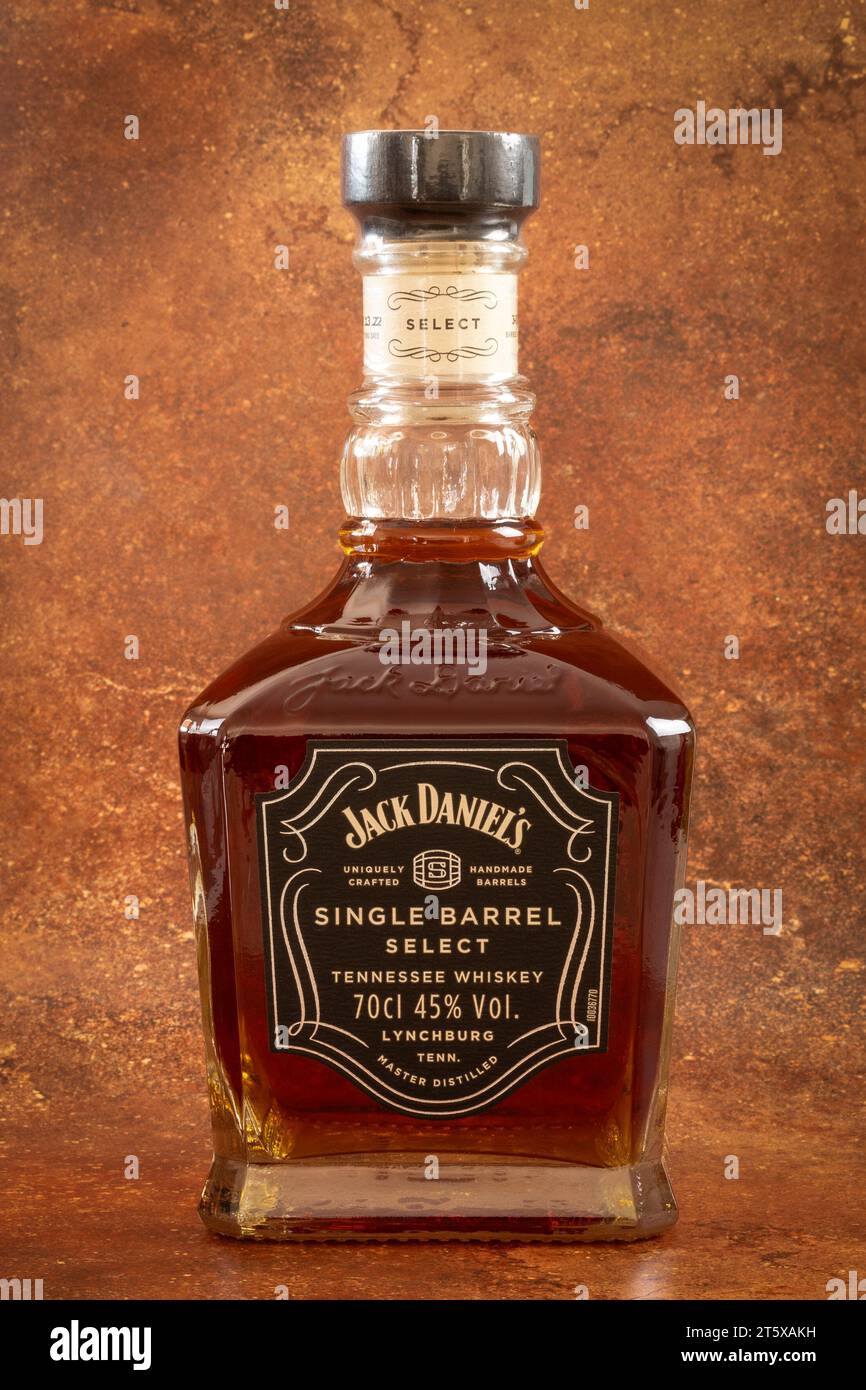 bottle of Jack Daniel's brand single barrel whiskey, closeup Stock