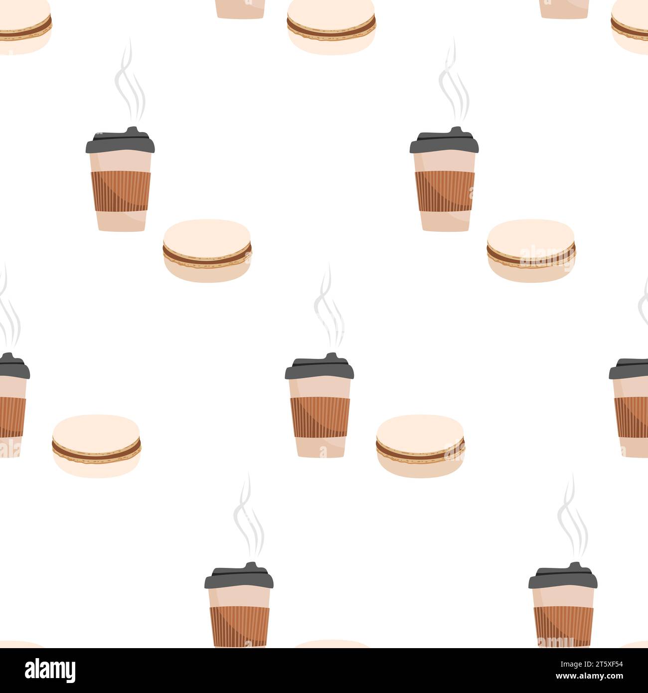 Hand drawn seamless pattern with tea coffee paper cup and macaroons. Sweet tasty dessert design Stock Vector
