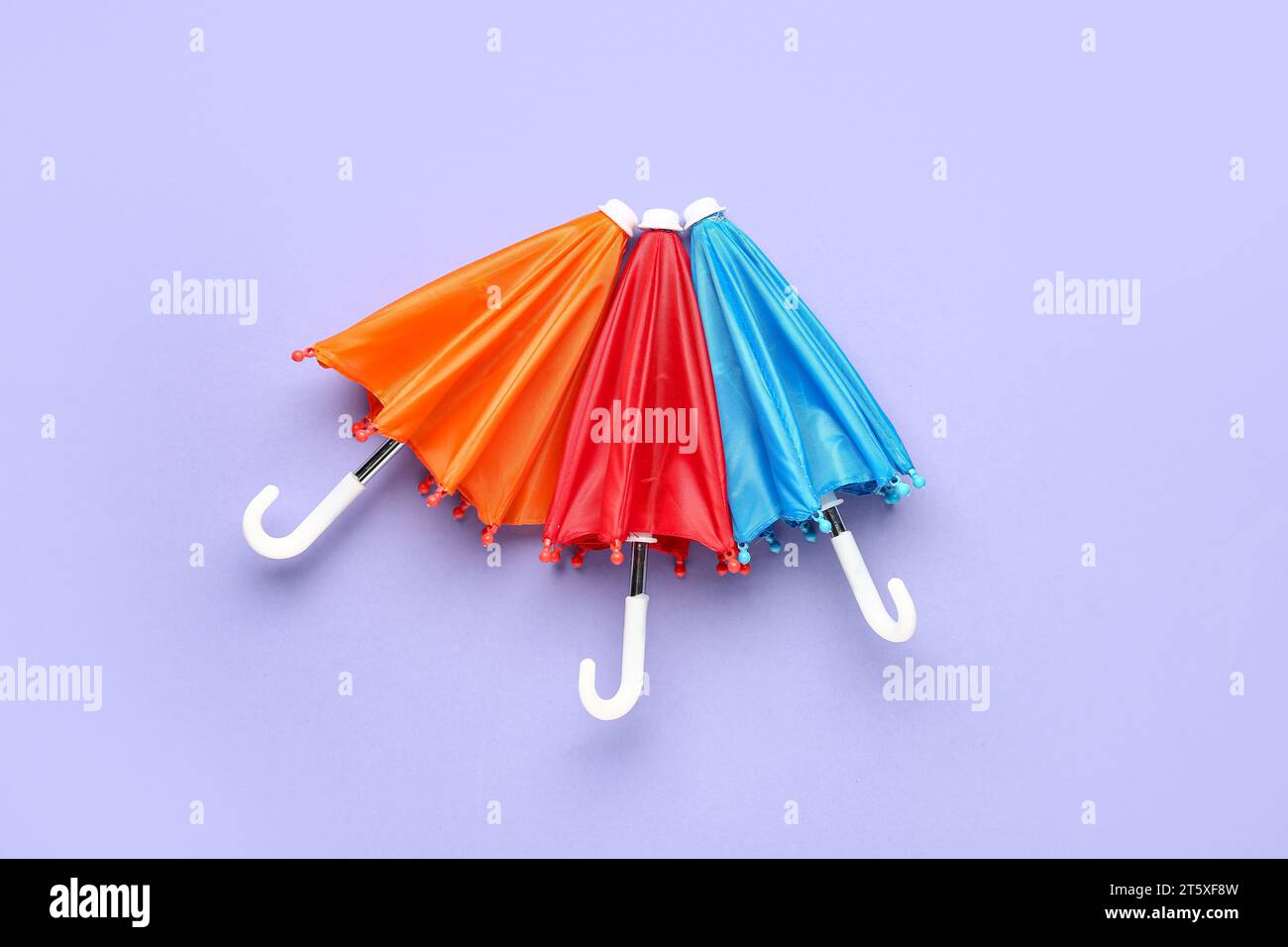 Mini stylish umbrellas on lilac background Stock Photo