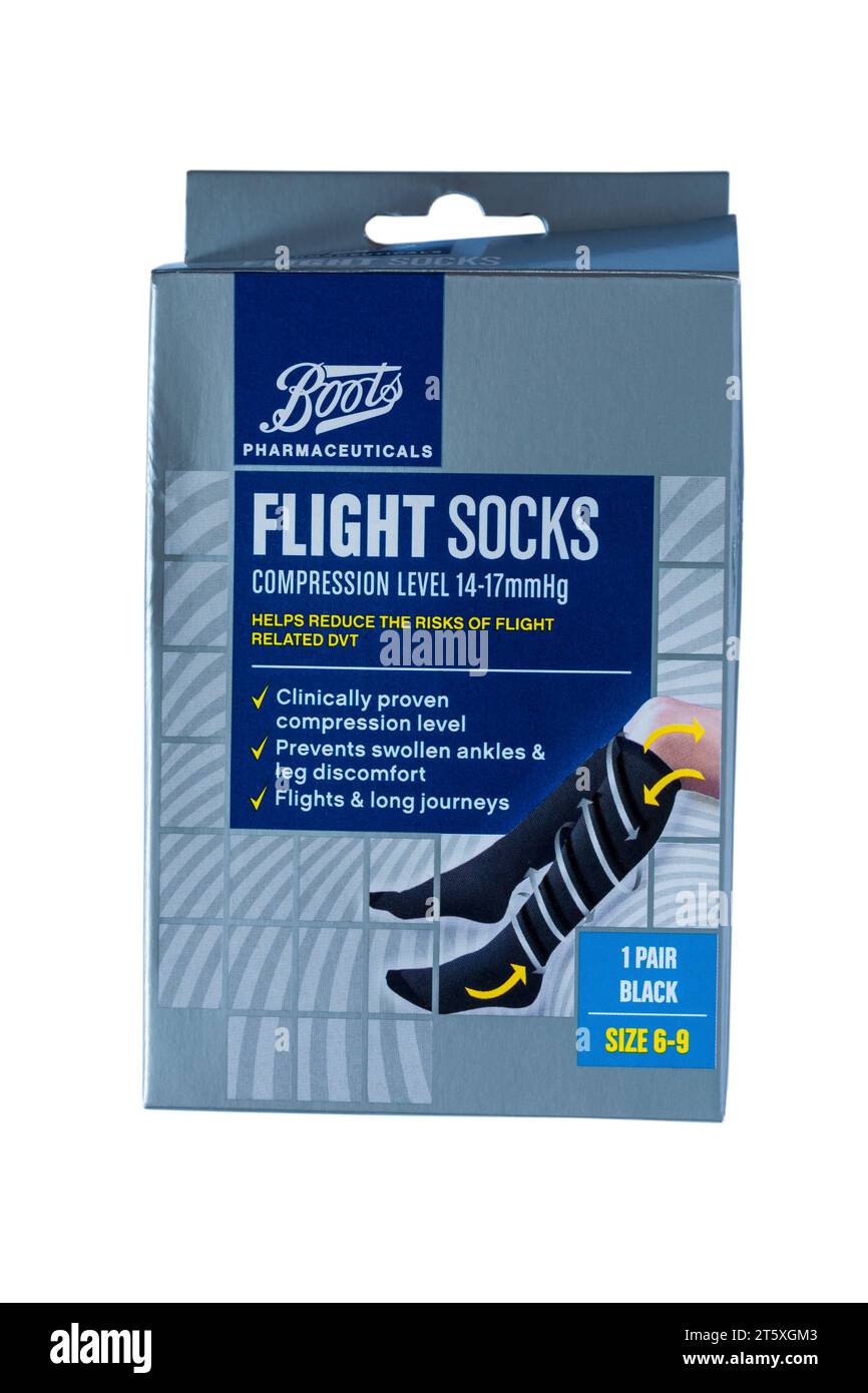 Flight socks from Boots Pharmaceuticals isolated on white background - helps reduce the risks of flight related DVT Stock Photo