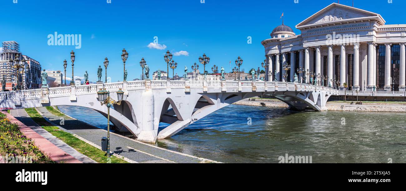 View of the Archeological Museum and the Eye Bridge in Skopje decorated with many sculptures Stock Photo