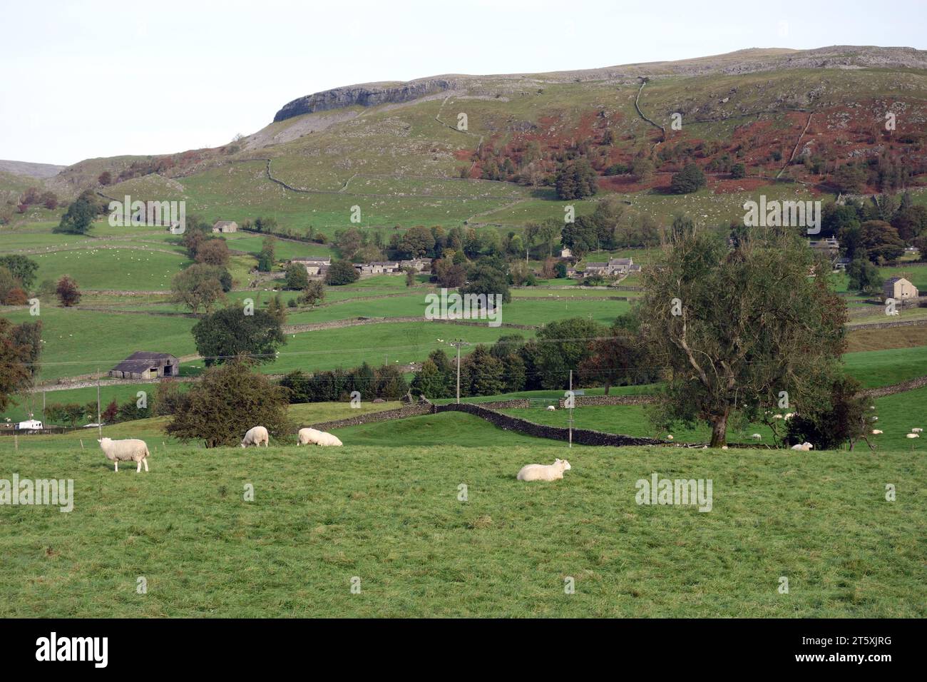 The Farming Hamlet of Wharfe Below Moughton Scar from the Footpath Below Oxenber Wood in the Yorkshire Dales National Park, England, UK. Stock Photo