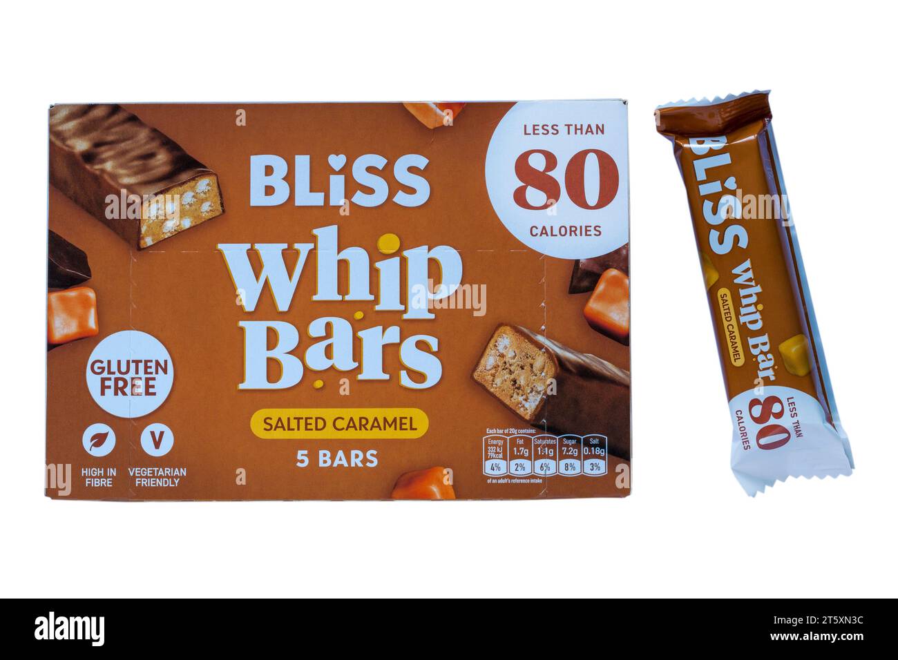 box of Bliss Whip Bars Salted Caramel less than 80 calories with one removed isolated on white background Stock Photo