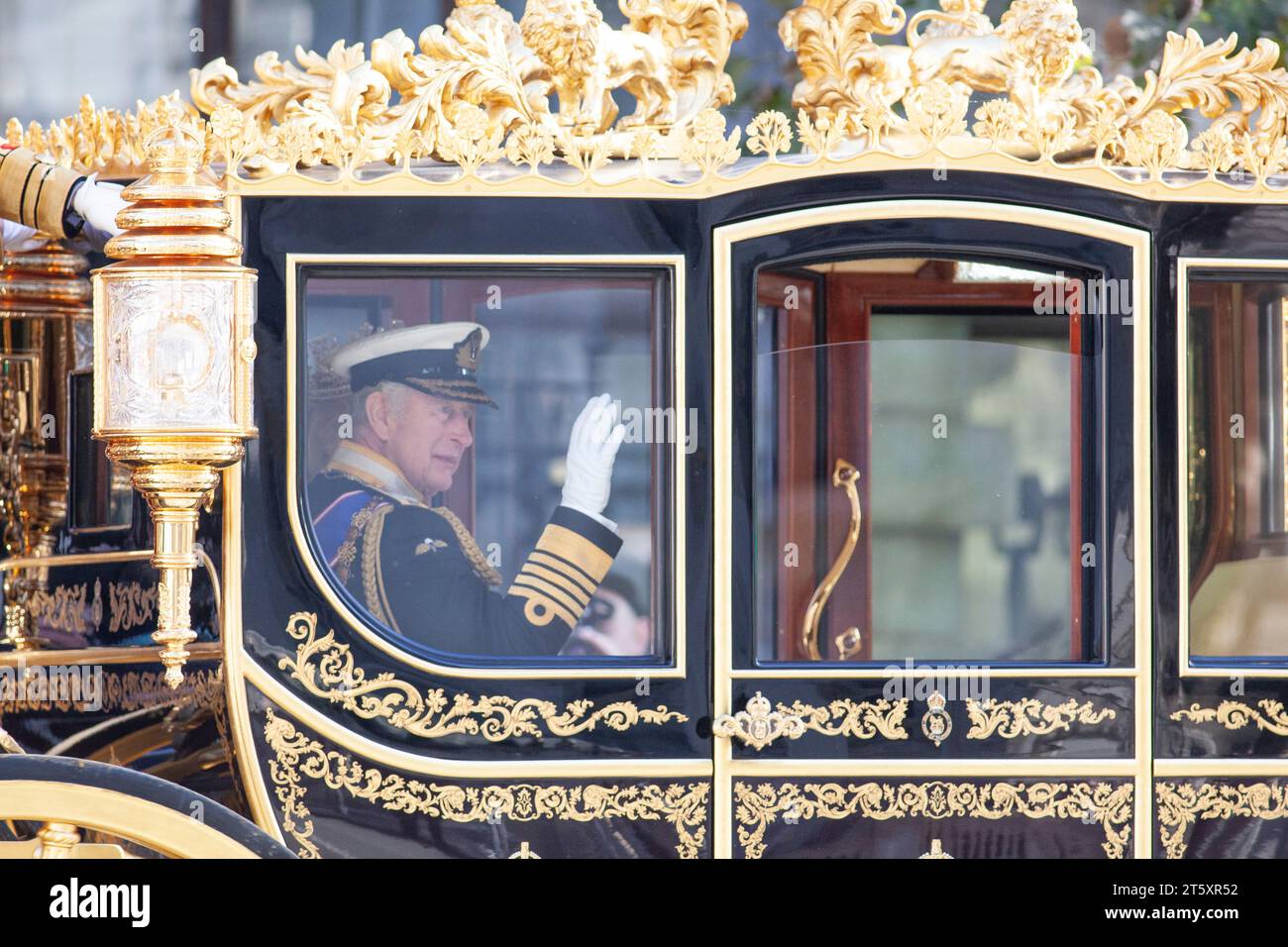 London, UK. 7th Nov, 2023. King Charles was driven along Parliament Street on the way to the State Opening of Parliament, where he will announce the government's legislative plans until the next election. He rode in a state carriage but was met with some protesters waving 'Not My King' flags and placards. Credit: Anna Watson/Alamy Live News Stock Photo