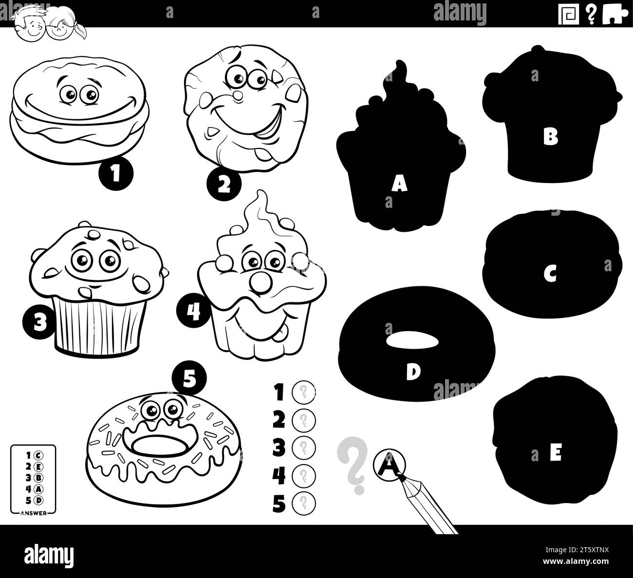 Black and white cartoon illustration of finding the right shadows to the pictures educational game with sweet food characters coloring page Stock Vector