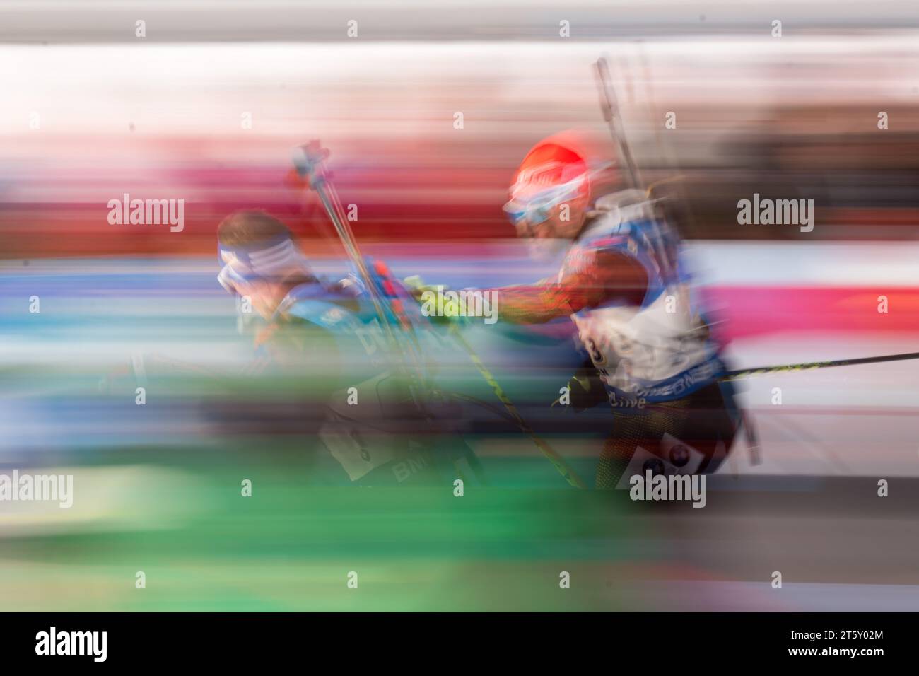 Arnd PEIFFER und Simon Schempp Staffelwechsel IBU Biathlon Weltmeisterschaft 4 X 7,5 KM Staffel der Herren in Hochfilzen, Oesterreich am 18.02.2017 Stock Photo
