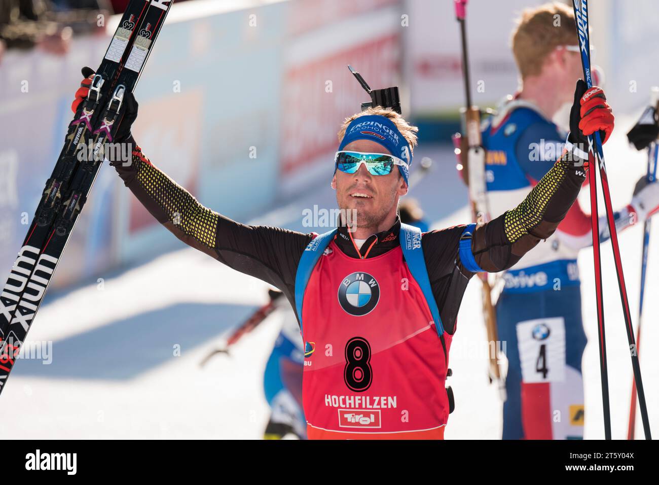 Simon Schempp Jubel im Ziel beim Gewinn der Weltmeisterschaft IBU Biathlon Weltmeisterschaft 15 KM Massenstart der Herren in Hochfilzen, Oesterreich am 19.02.2017 Stock Photo