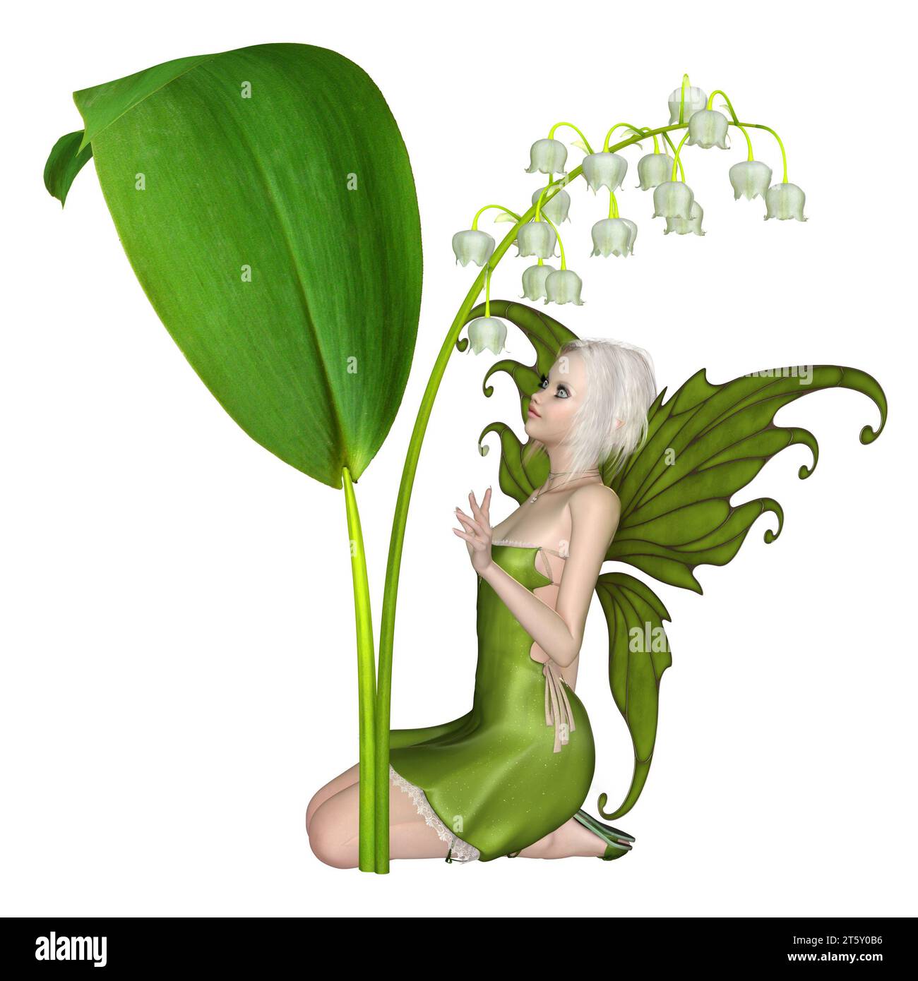 Lily of the Valley Fairy Kneeling under a Flower Stock Photo