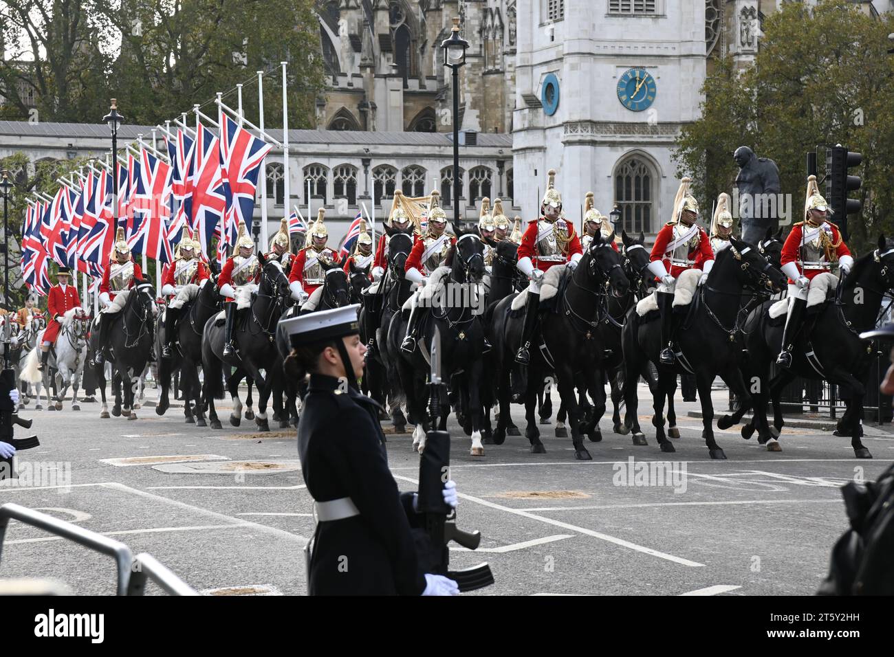 Whitehall, London, UK. 7th Nov, 2023. HRH King Charles III return after the State Opening of Parliament, where he will announce the government's legislative plans until the next election. Credit: See Li/Picture Capital/Alamy Live News Stock Photo