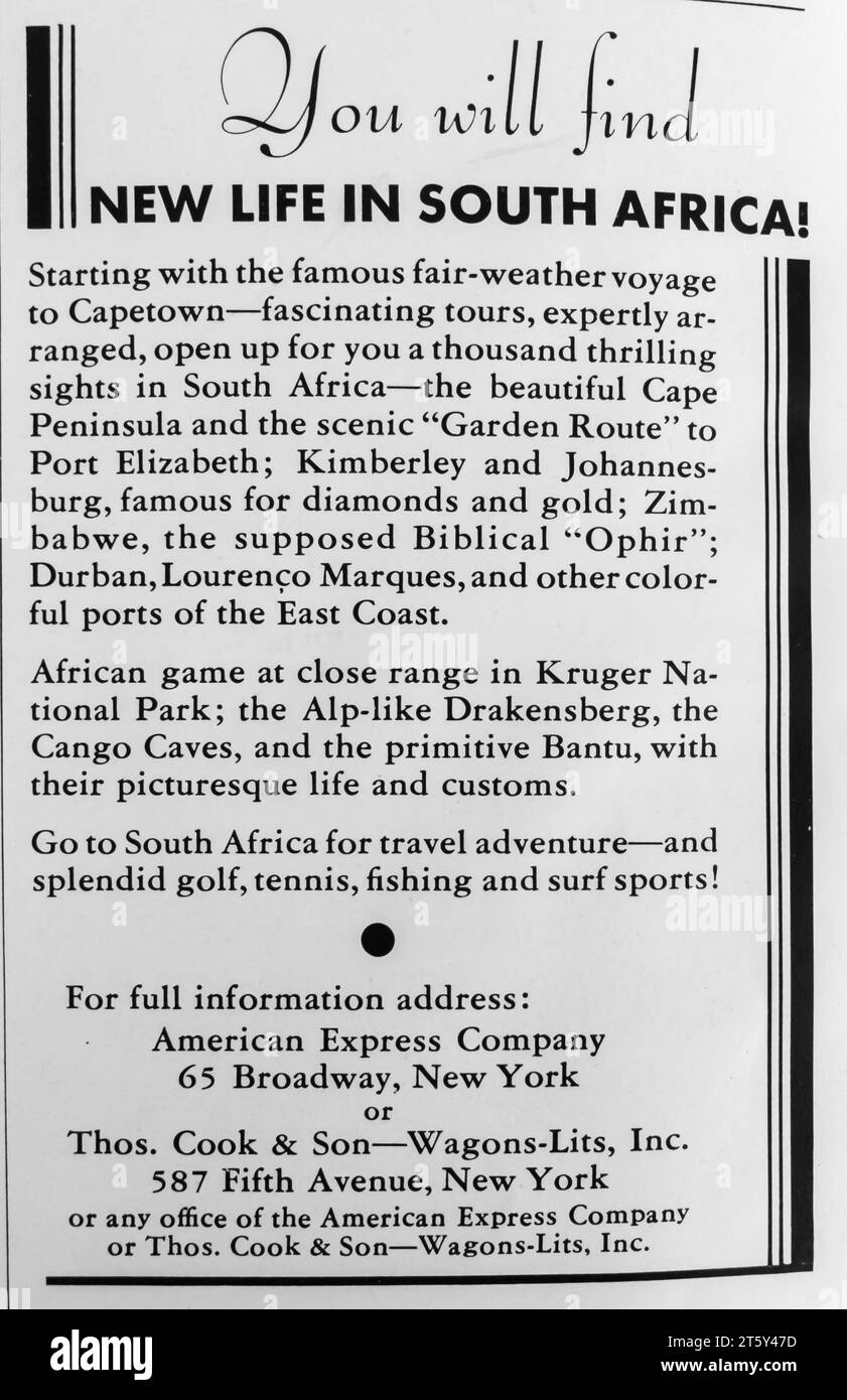 1934 South Africa travel adventure - american express company ad Stock Photo