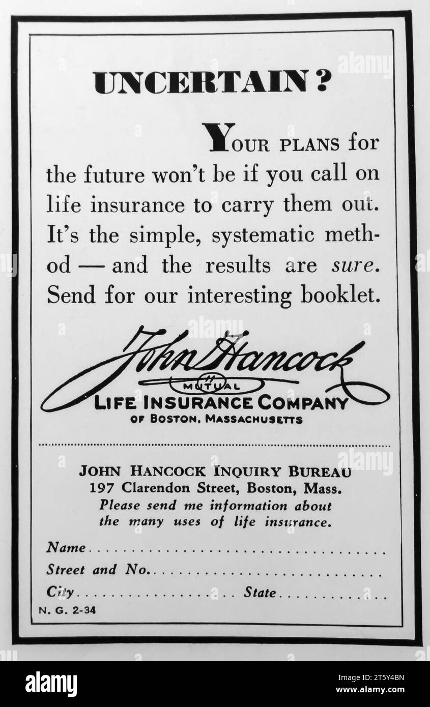 1934 John Hancock life insurance company of Boston Massachusets ad Stock Photo
