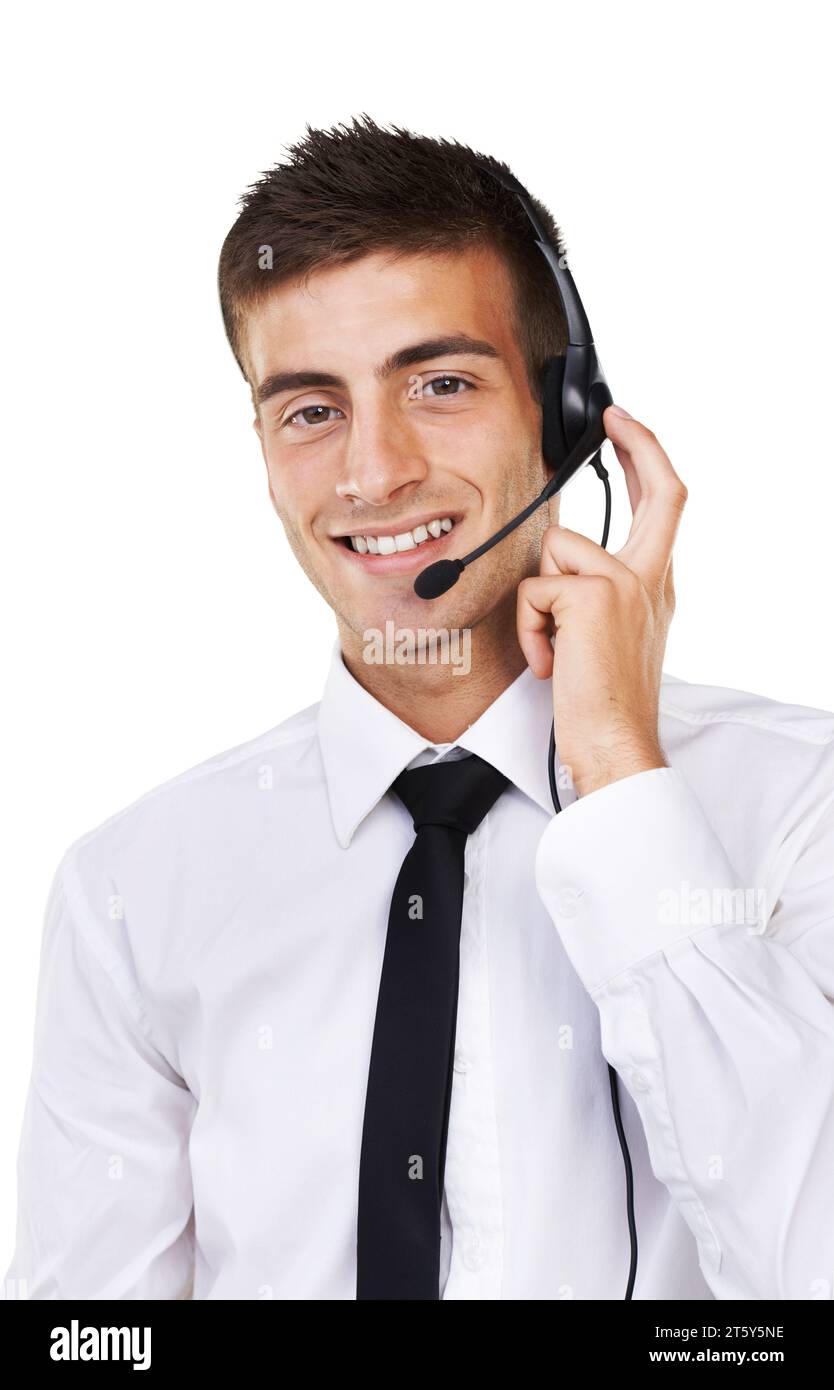 Man, hand and headset for call centre in studio on white background for mockup in telecommunication. Portrait, male agent or consultant for customer Stock Photo
