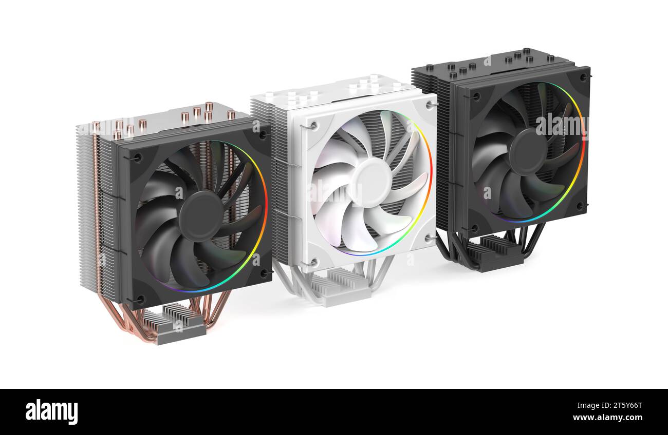 Three different colored cpu coolers on white background Stock Photo Alamy