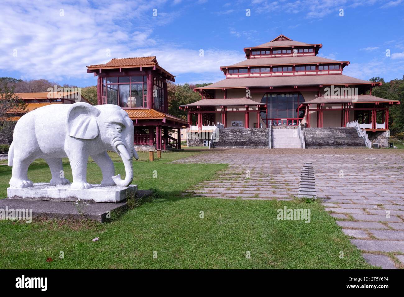 The exterior of the Chuang Yen Buddhist Monastery in Carmel, Putnam County, NY. It's home to the largest Buddha statue in the western hemisphere. Stock Photo
