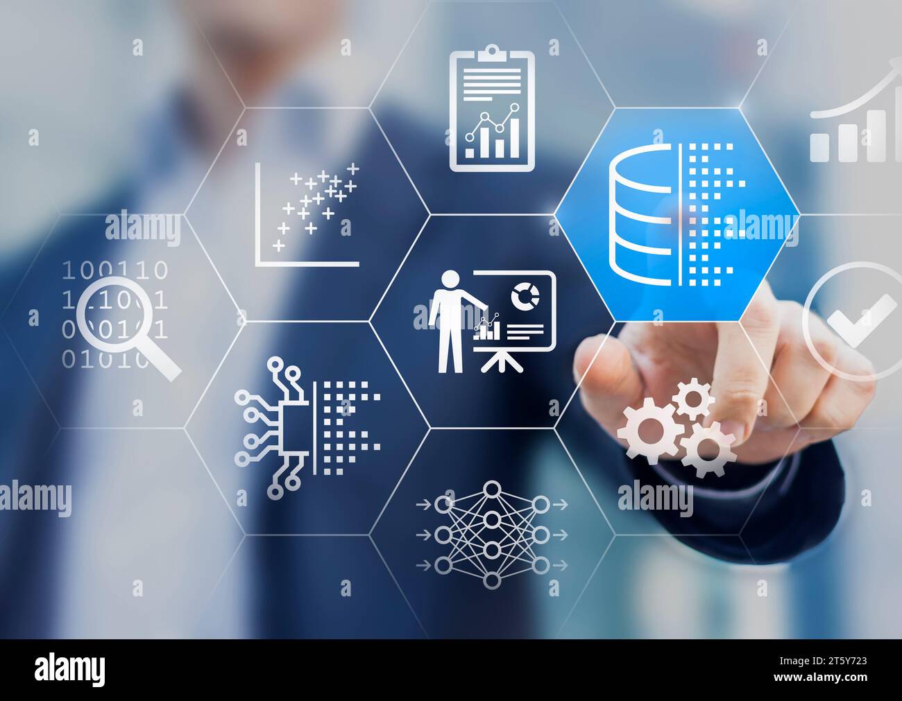 Data analytics, big data and AI concept. Person touching icons about database, data engineering, computing, analyzing, machine learning, neural networ Stock Photo