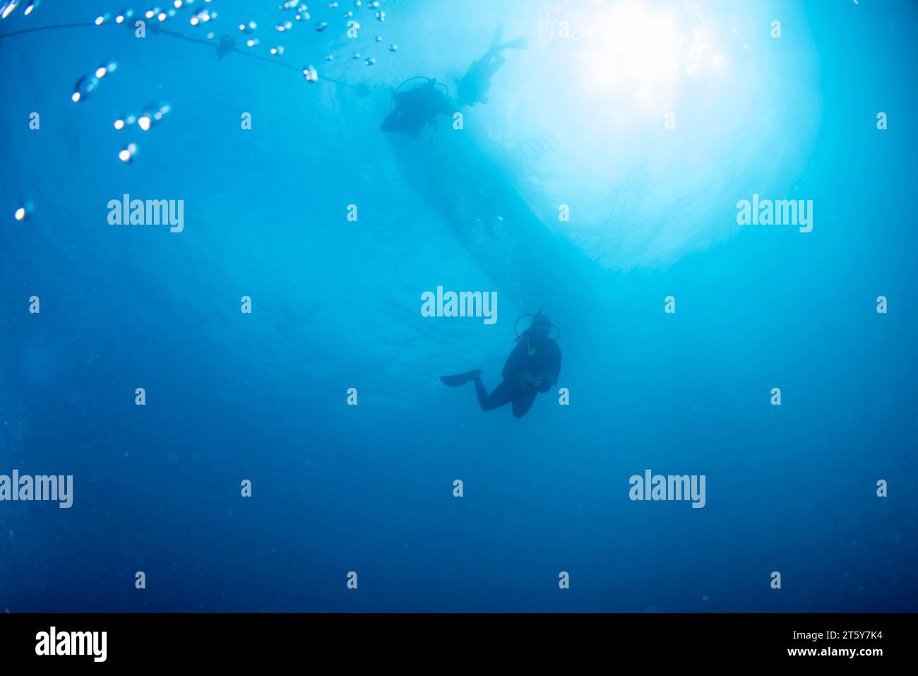 Some scuba divers under the boat in the blue sea Underwater shot with silhouettes of divers and ight rays shining through the surface Stock Photo