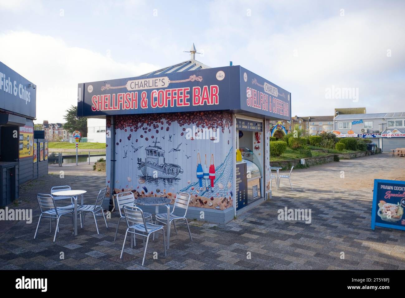 Charlie's shellfish and coffee bar stall near the seafront in Skegness Stock Photo