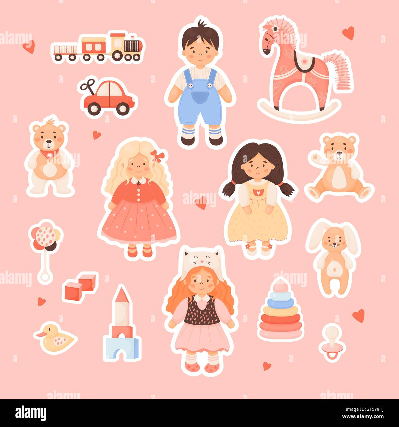 Collection children toys stickers. Cute Kids doll toys girls and funny