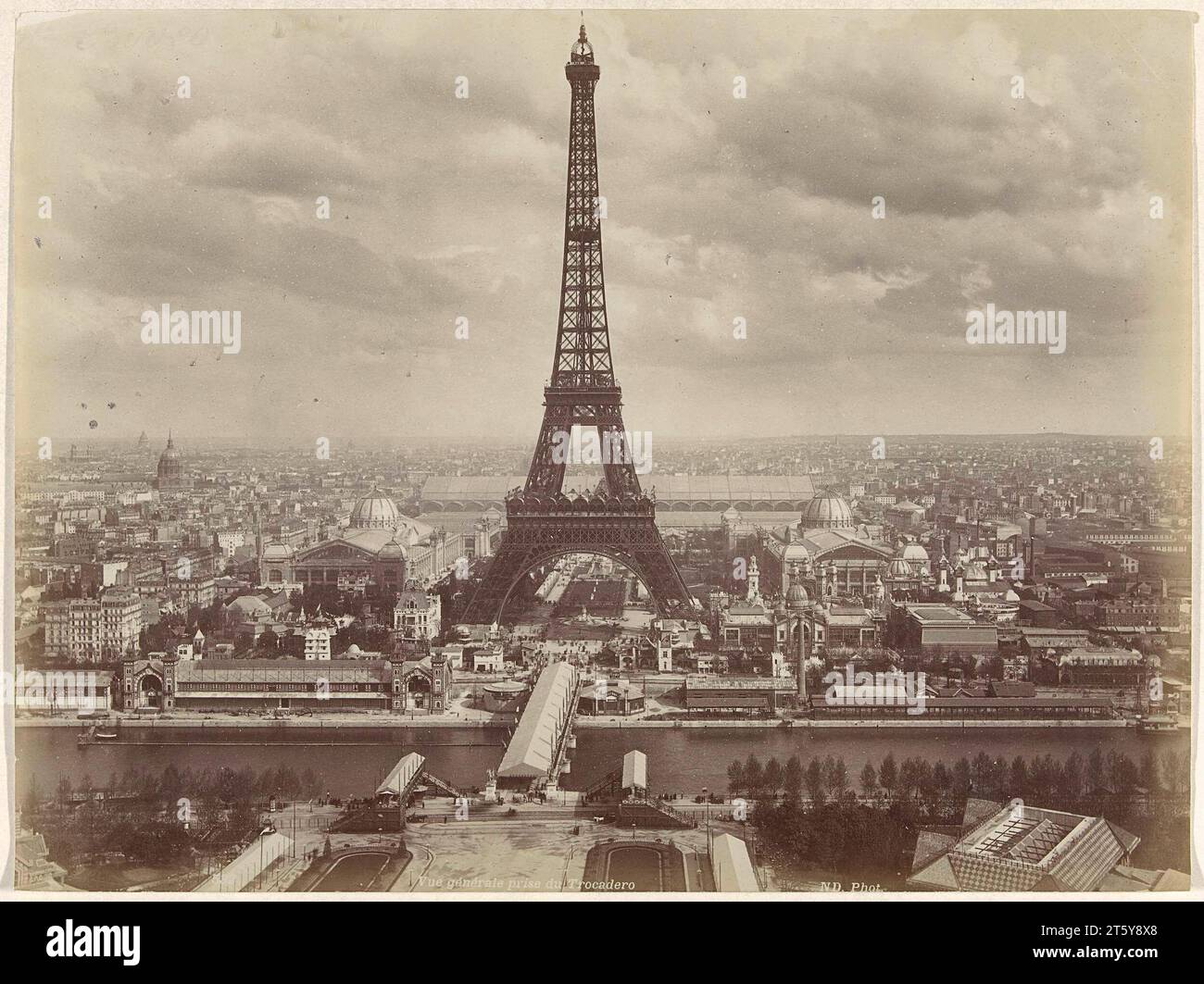 View of the Eiffel Tower and the Champ de Mars during the 1889 Universal Exhibition, Paris, Neurdein Frères, 1889 Stock Photo