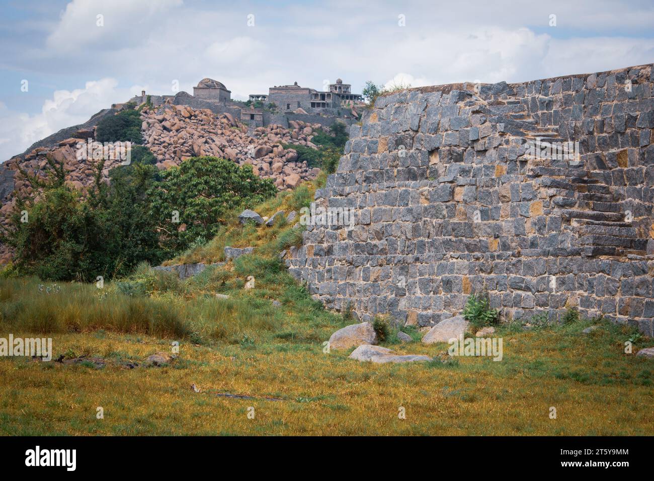 View of the Queen's fort in the Gingee Fort complex in Villupuram district, Tamil Nadu, India. Focus set on hill rocks. Stock Photo