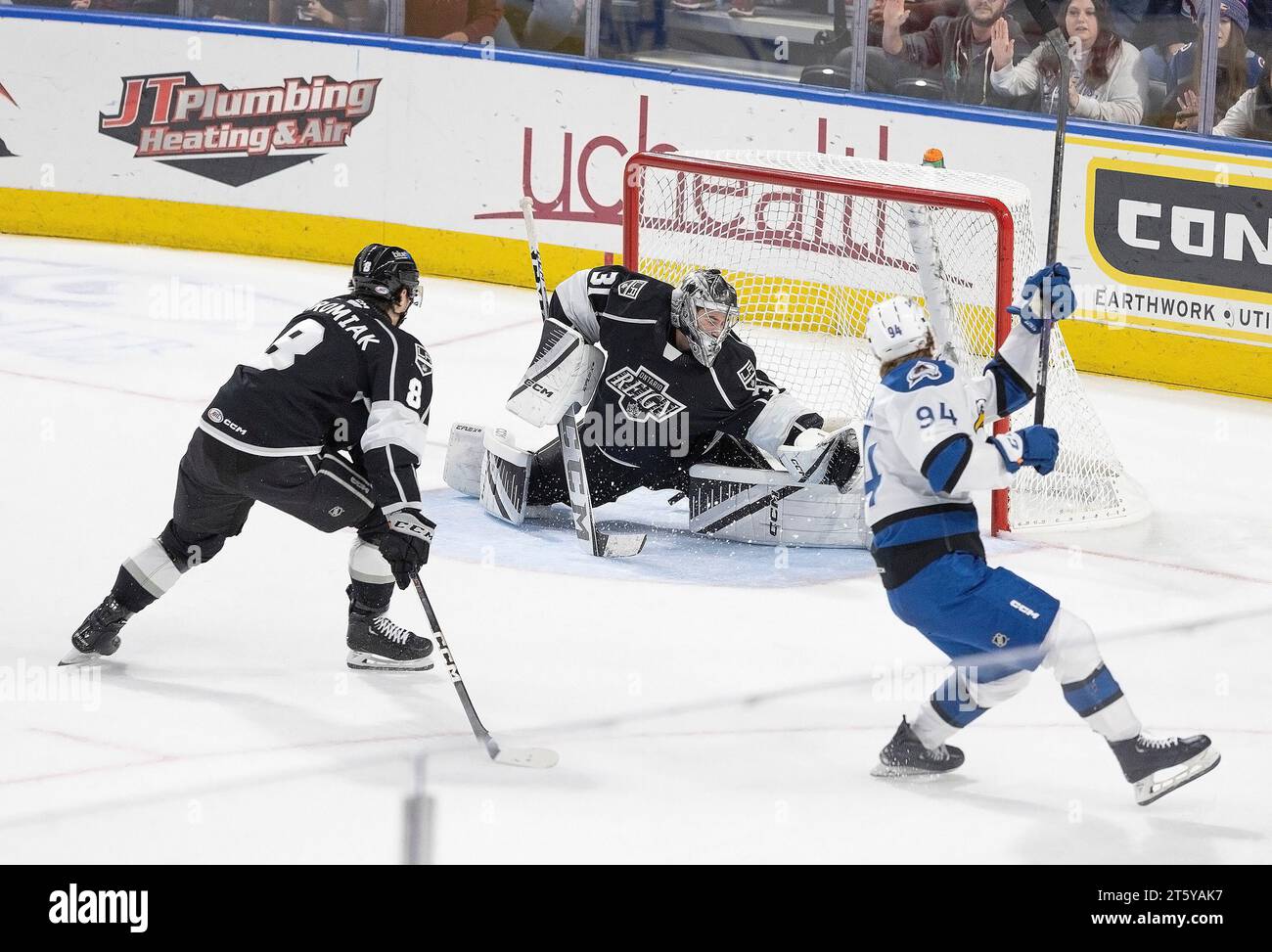 Loveland, Colorado, USA. 4th Nov, 2023. Eagles F JOEL KIVIRANTA scores the fifth goal of the night for his team between the legs of Reign G DAVID RITTICH during the 3rd. period at the Blue FCU Arena Saturday night. Eagles beat the Reign 5-3. (Credit Image: © Hector Acevedo/ZUMA Press Wire) EDITORIAL USAGE ONLY! Not for Commercial USAGE! Stock Photo